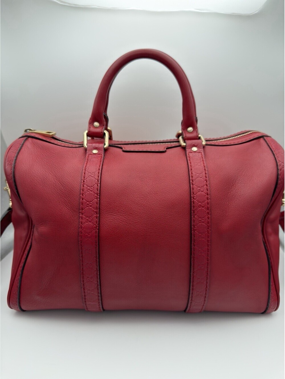 Authentic Red Gucci Joy Boston Bag Guccissima Vertical Leather Trim GG Strap